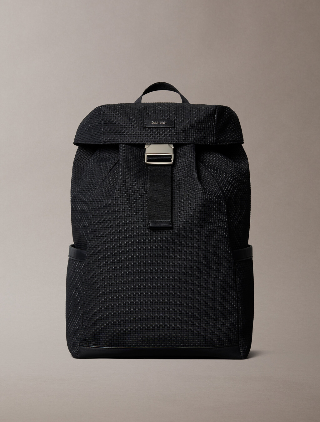 Embossed Woven Flap Backpack, Black, hi-res