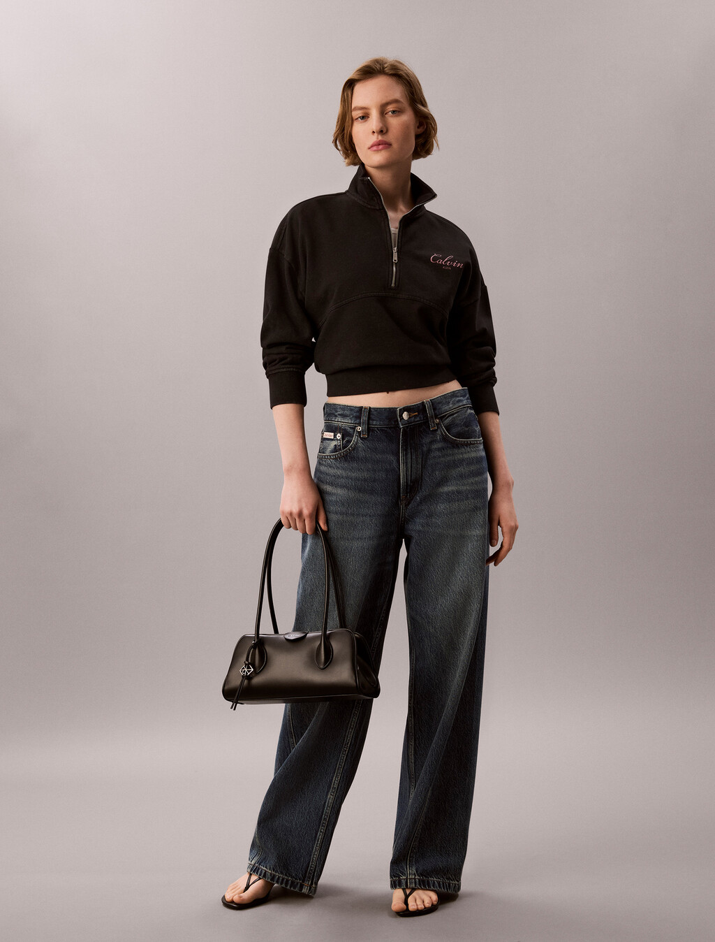 Relaxed Quarter Zip Sweatshirt, Black, hi-res