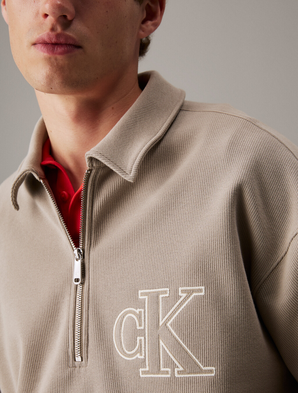 羅紋標誌貼飾拉鍊 Polo 衫, Vintage Khaki, hi-res
