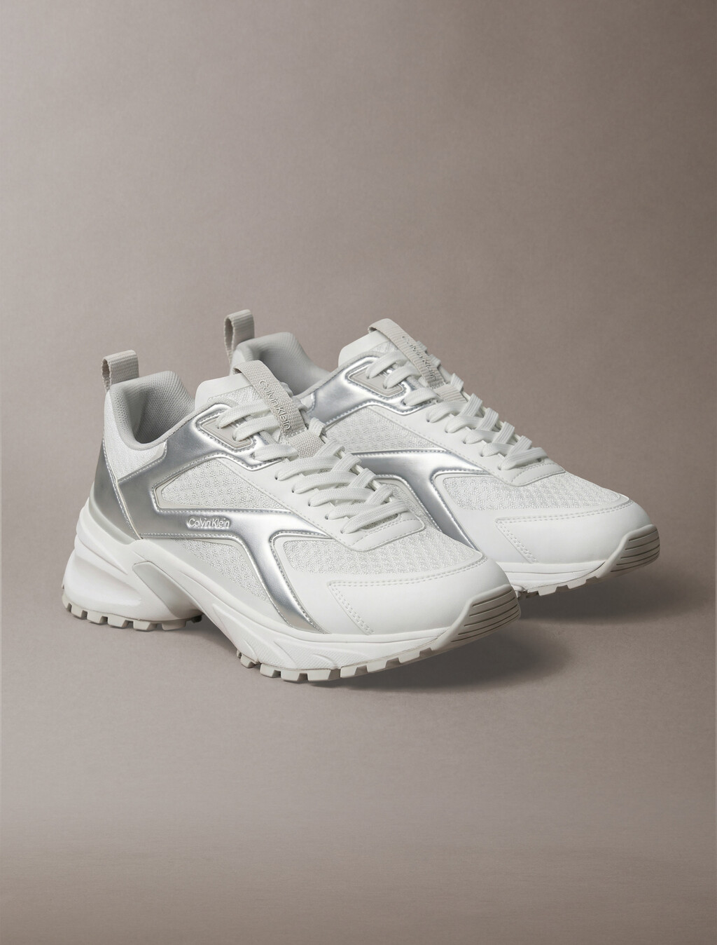 Knit and Metallic Runner Trainers, Bright White/Silver/Light Grey, hi-res