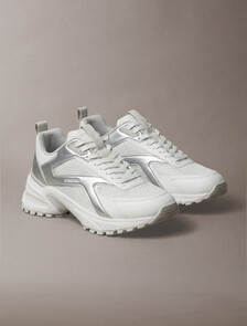 Knit and Metallic Runner Trainers, Bright White/Silver/Light Grey, hi-res