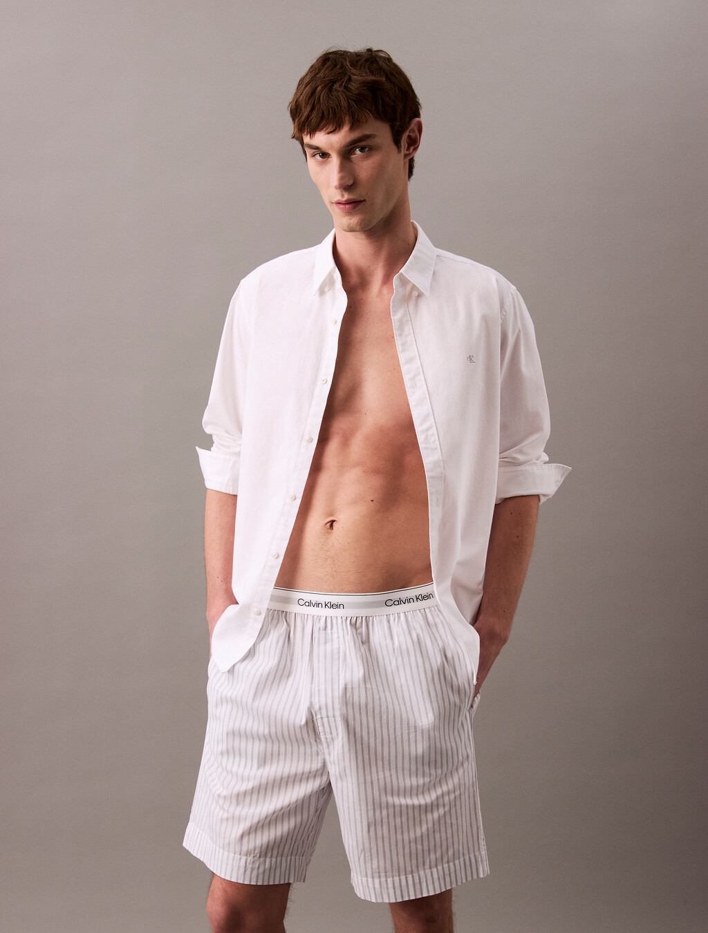 Cotton Poplin Sleep Short, STEADY STRIPE_GRISAILLE, hi-res