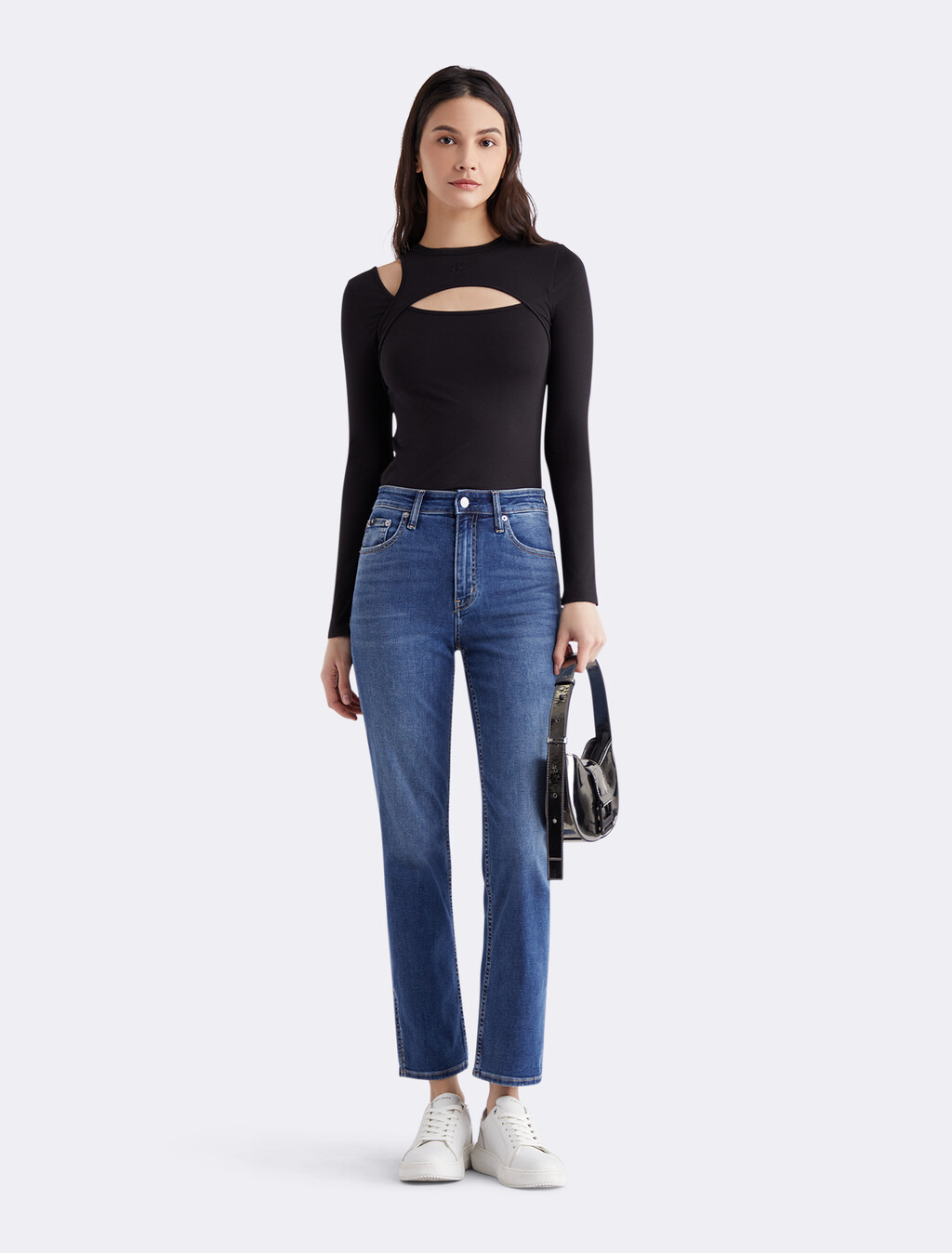 High Rise Split Hem Slim Straight Jeans, 082 DARK BLUE, hi-res