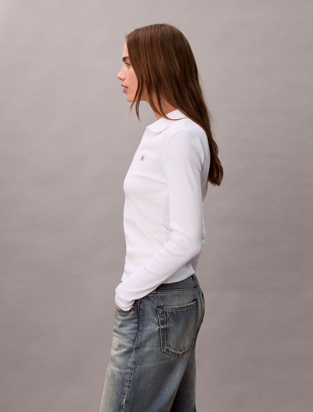 Woven Monologo Rib Collared Top, Brilliant White, hi-res