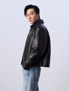 Jung Kook for Calvin Klein 皮革賽車外套, Black, hi-res