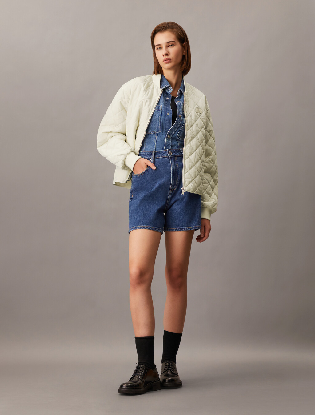 Relaxed Quilted Bomber Jacket, Ivory, hi-res