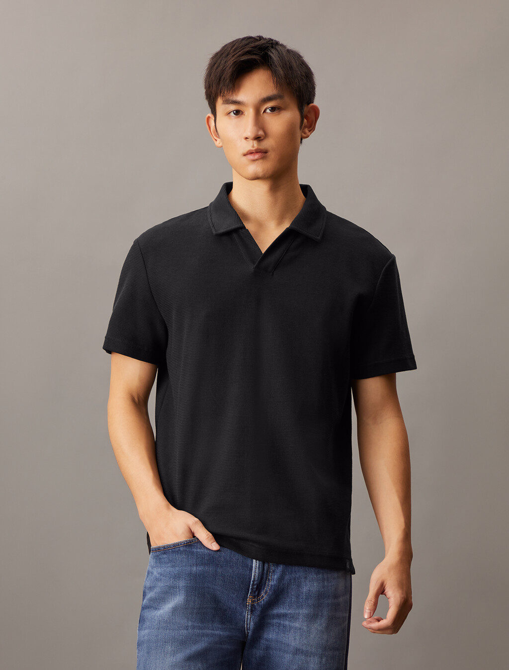 Textured Open Collar Knit Polo, Ck Black, hi-res