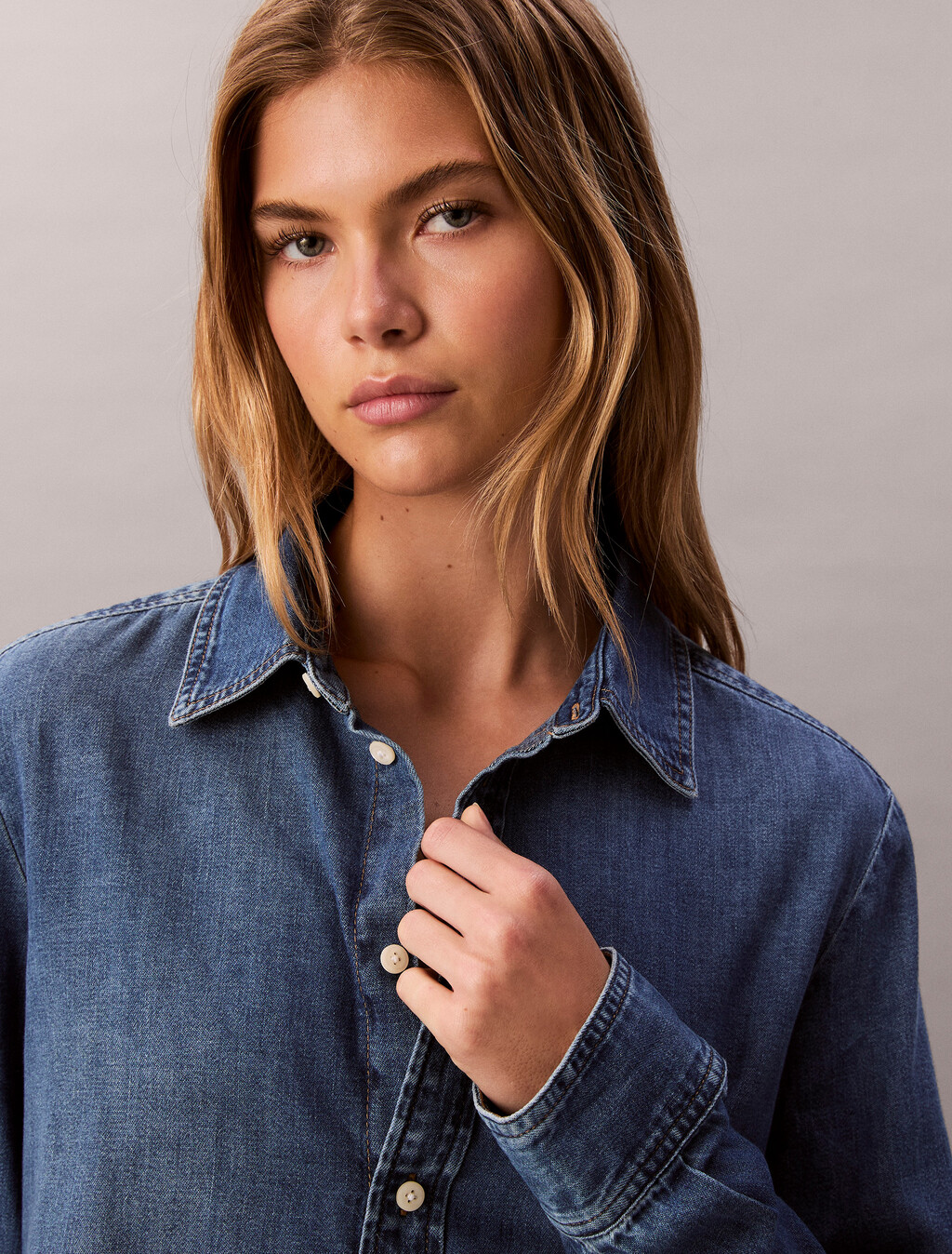 Cropped Denim Shirt, INDIGO HASTINGS, hi-res