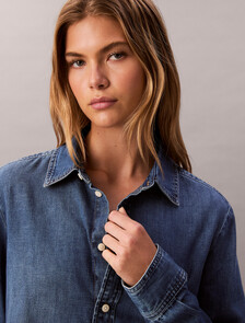 Cropped Denim Shirt, INDIGO HASTINGS, hi-res
