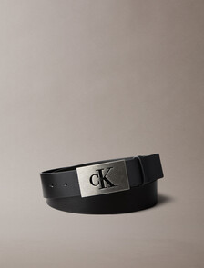 Leather Monogram Plaque Buckle Belt, Black/Antique Silver, hi-res