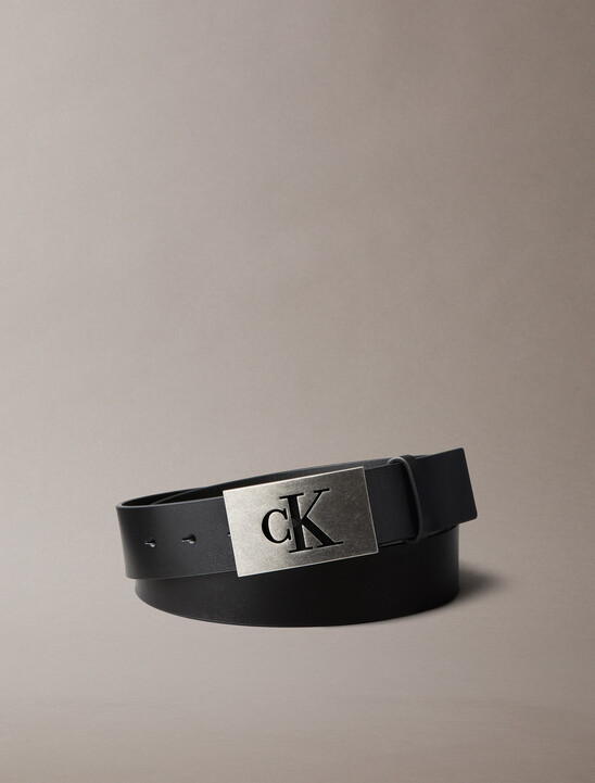 Leather Monogram Plaque Buckle Belt