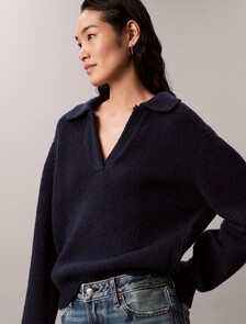 Merino Wool Boucle Polo Sweater, Dark Sapphire, hi-res