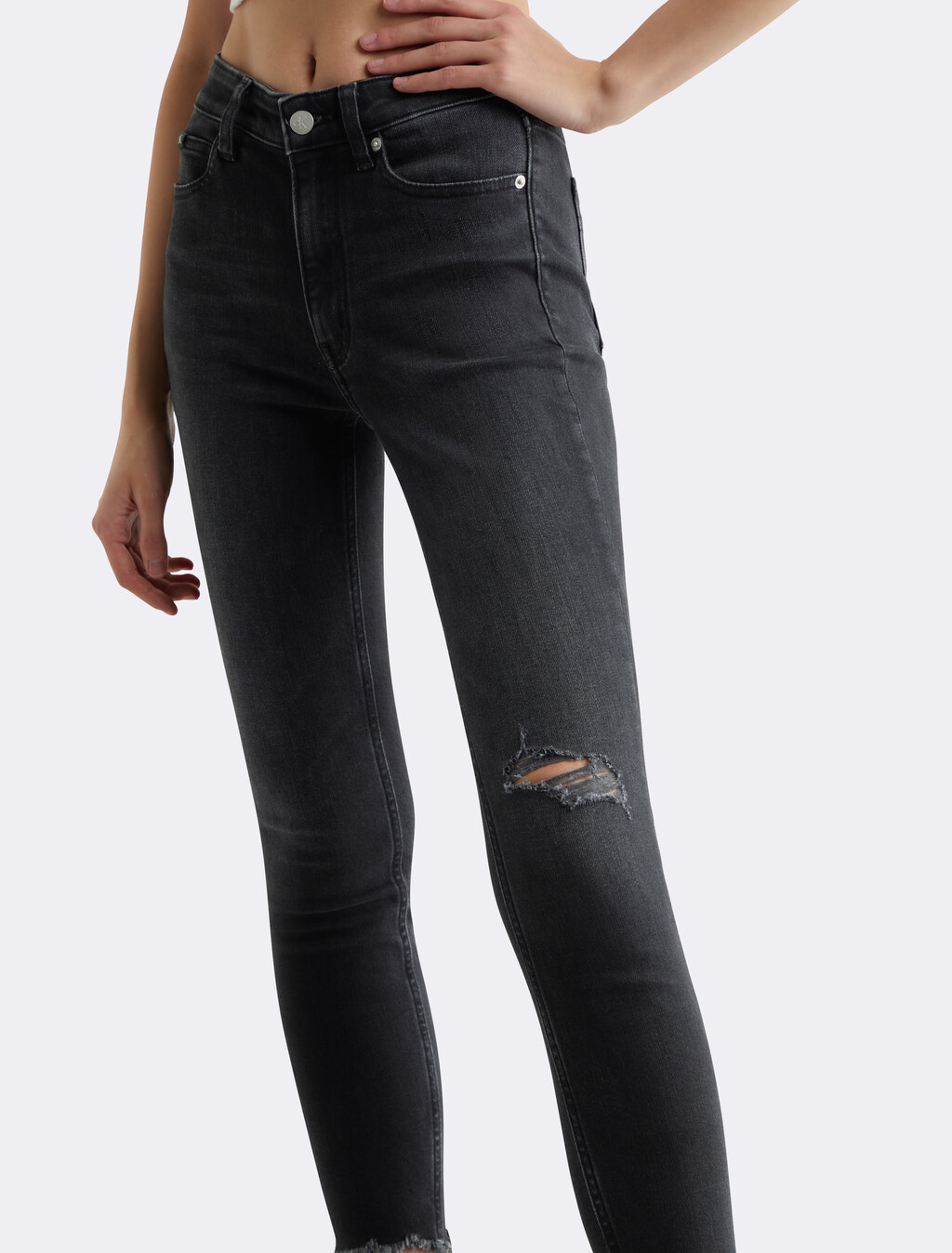 Black Distressed High Rise Skinny Ankle Jeans, Wash Black Dstr Hem, hi-res