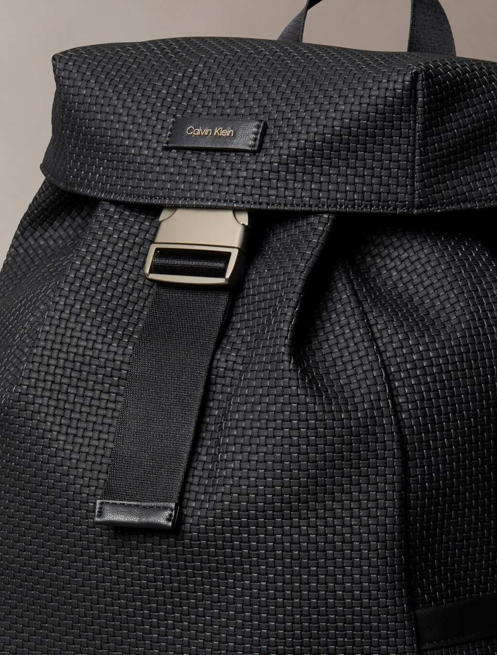 Embossed Woven Flap Backpack, Black, hi-res