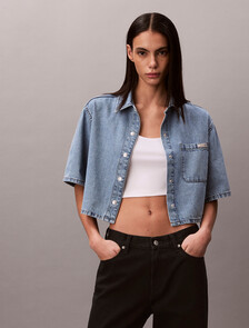 Boxy Cropped Denim Shirt, VINTAGE MOSS, hi-res