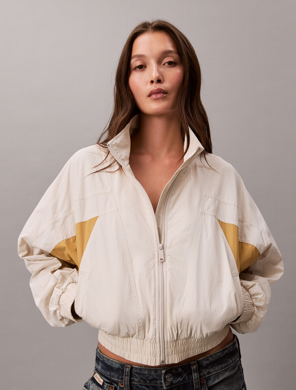 Cropped Colour Block Nylon Jacket, Chalk / Antelope, hi-res