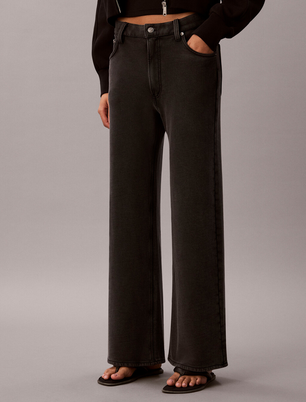 Cotton Terry Wide Leg Trousers, Black, hi-res