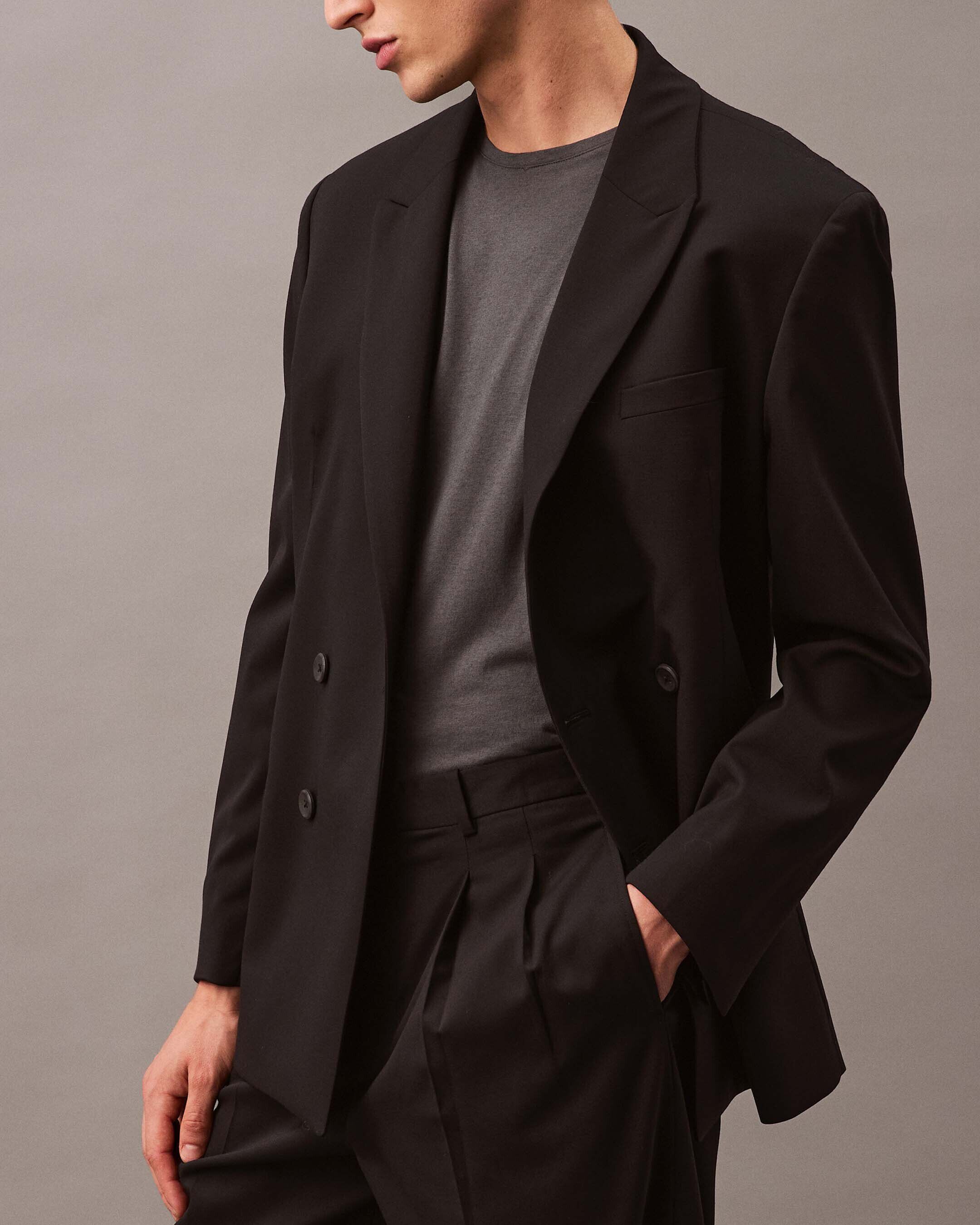 Wool Double Breasted Blazer | black | Calvin Klein Taiwan