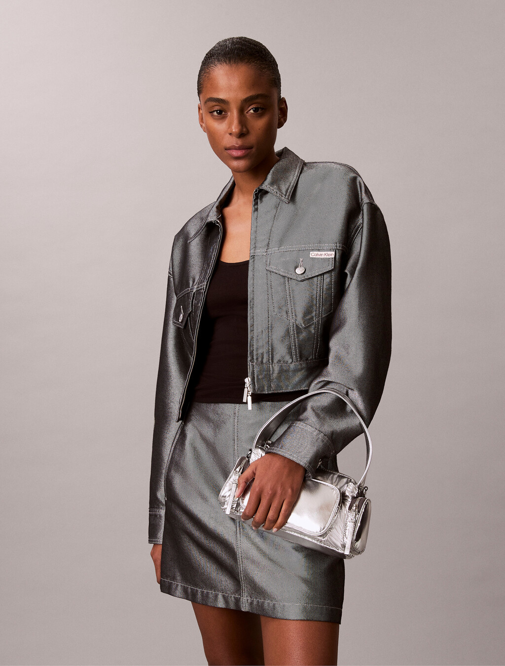 Pocket Metallic Nylon Small Shoulder Bag, SILVER METALLIC, hi-res