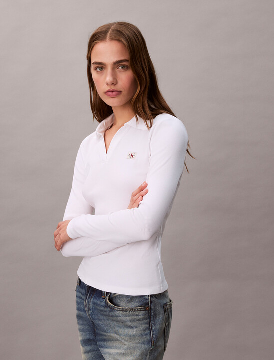 Woven Monologo Rib Collared Top