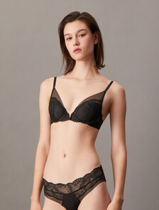 CK Black Geo Lace Lightly Lined Plunge Bra, Black, hi-res