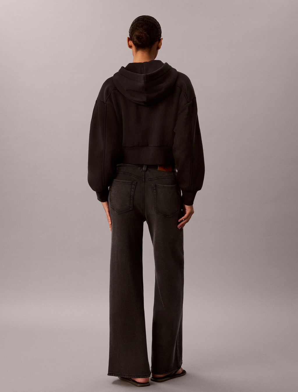Cotton Terry Wide Leg Trousers, Black, hi-res