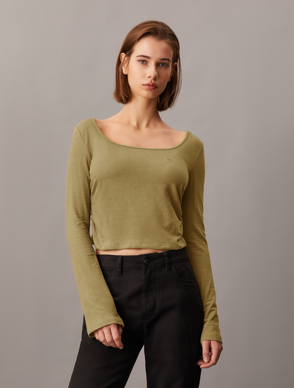 Side Gather Rib Knit Baby Fit Tee, Gothic Olive, hi-res