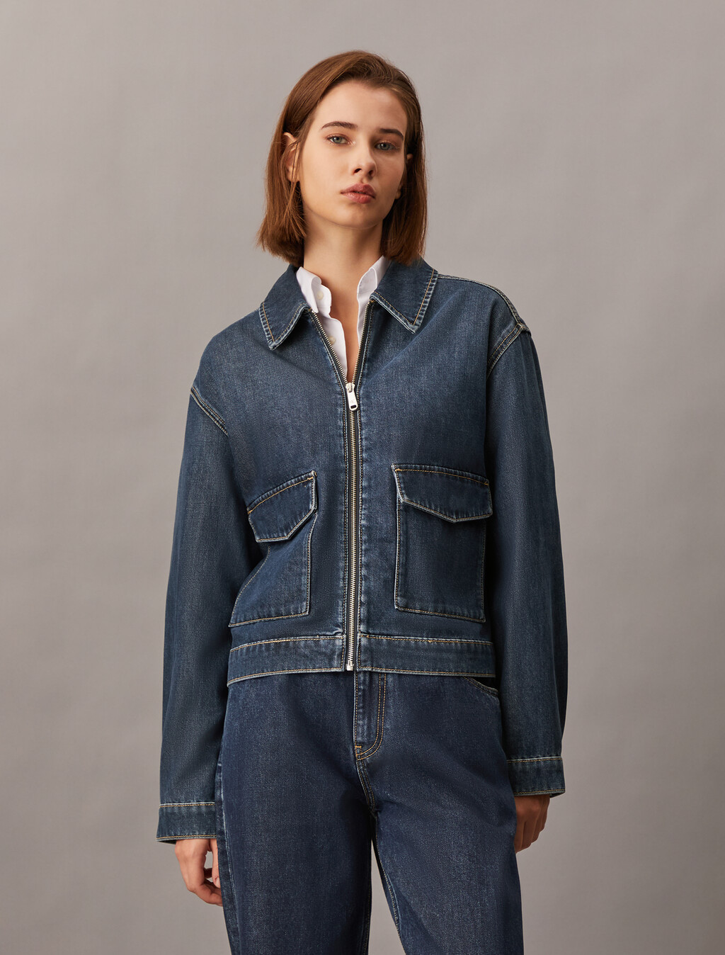 超寬鬆拉鍊牛仔外套, Denim Dark, hi-res