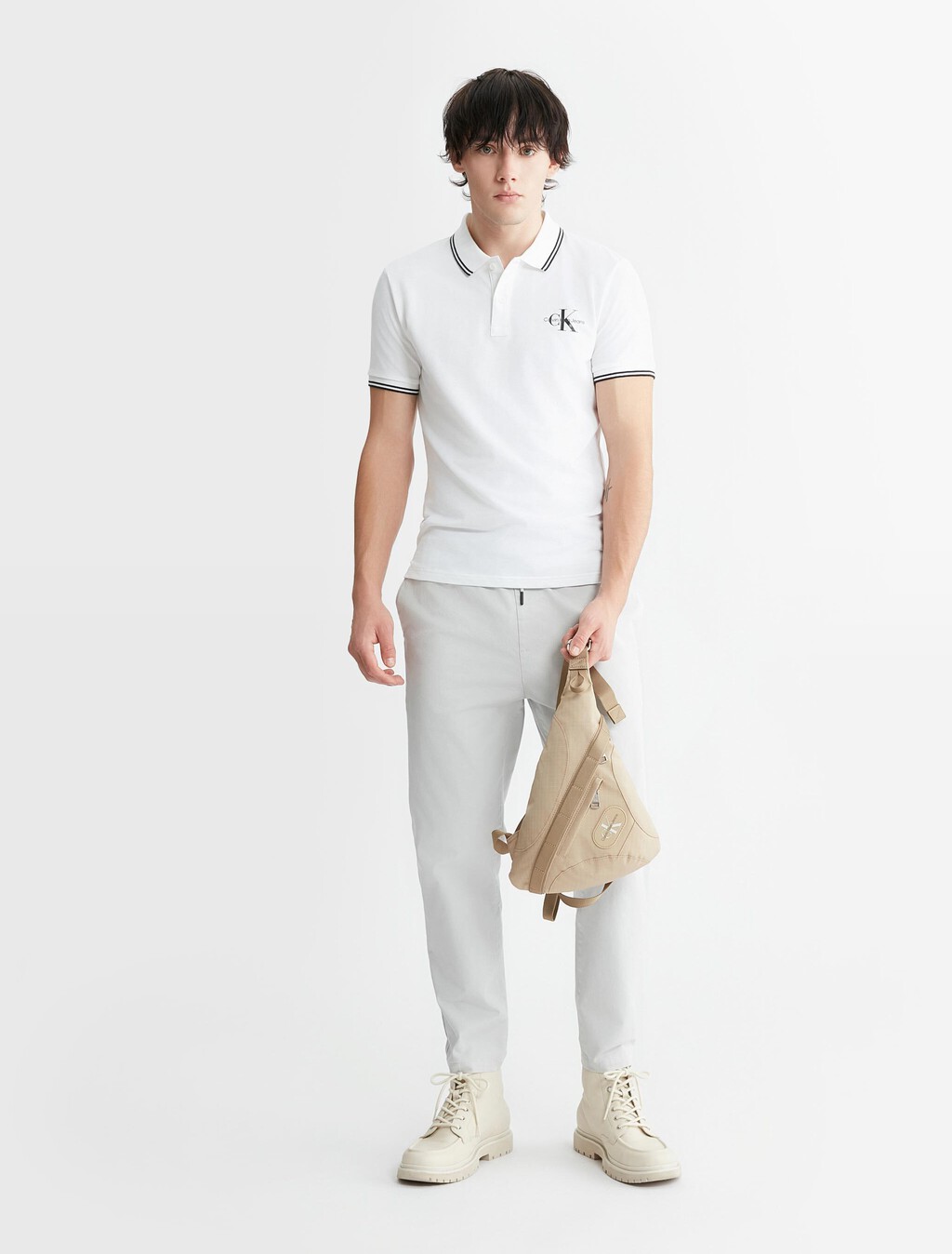 Monologo 標誌修身飾邊 Polo 衫, Bright White, hi-res