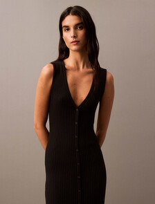 Rib Knit Sleeveless V Neck Polo Dress, Black, hi-res