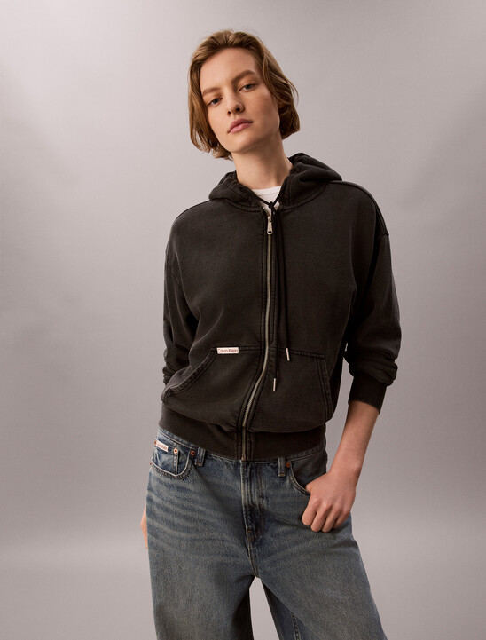 Washed Cotton Terry Zip Through Hoodie