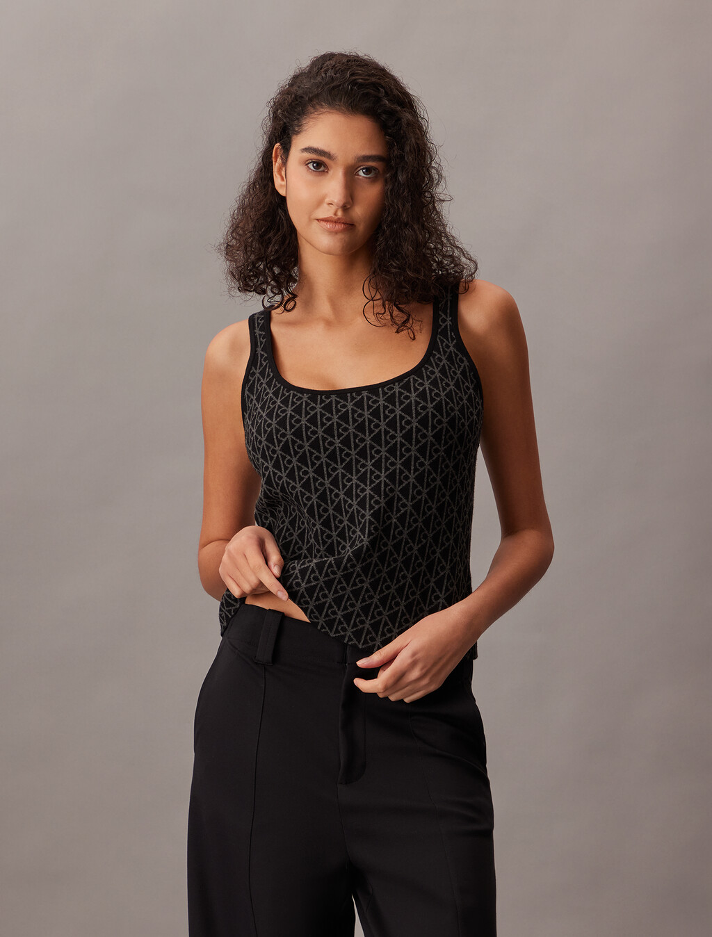 Monogram Tank Cardigan Twinset, Black, hi-res