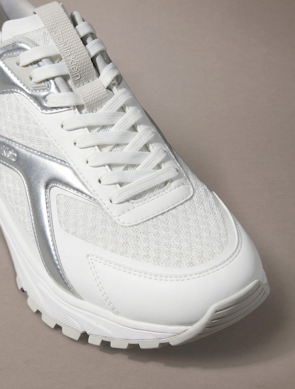 Knit and Metallic Runner Trainers, Bright White/Silver/Light Grey, hi-res