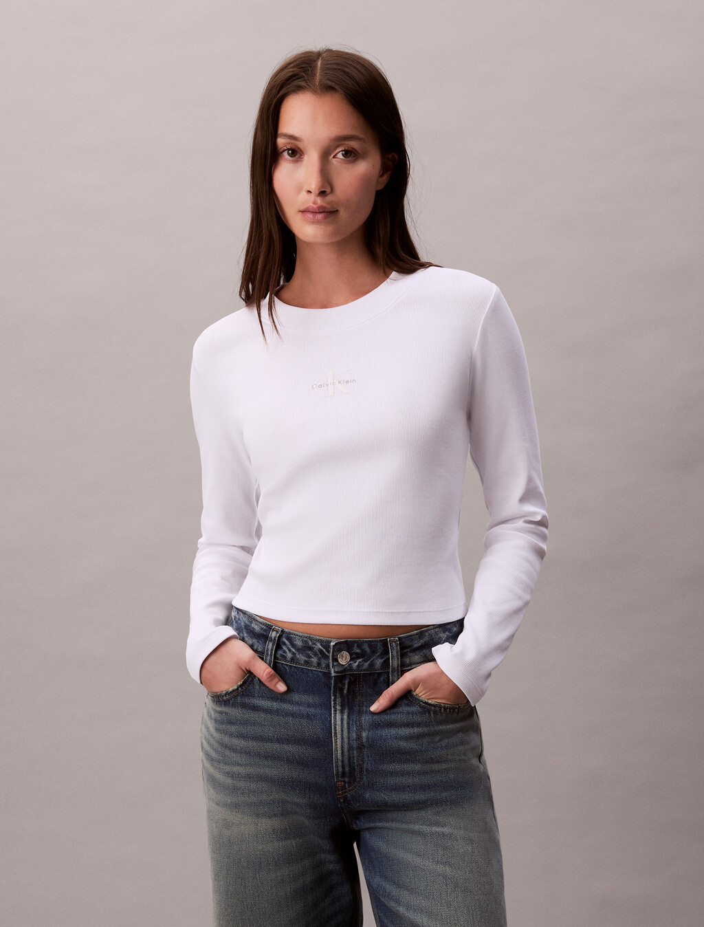 Monogram Logo Long Sleeve Baby Tee, Bright White, hi-res