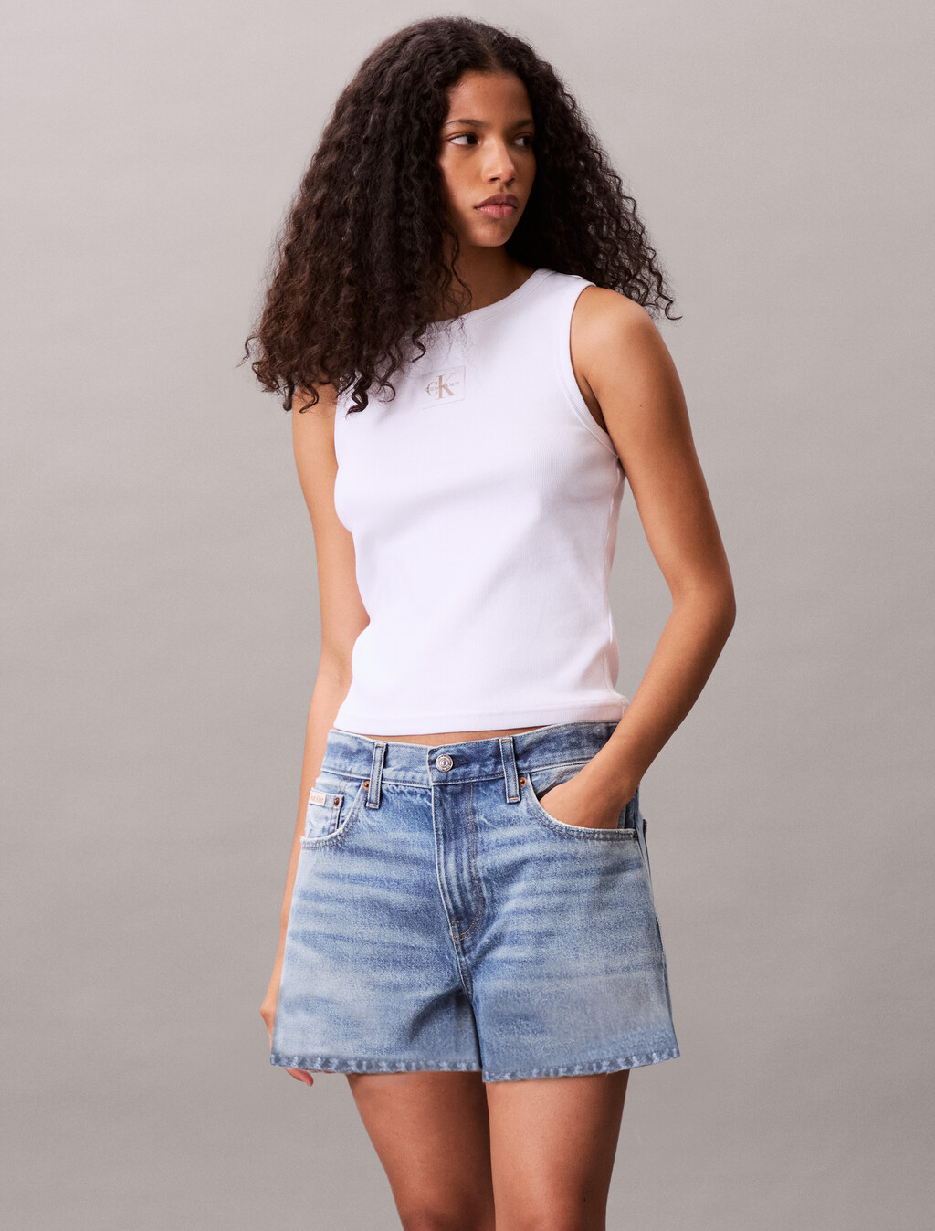 Cotton Stretch Rib Tank Top, Bright White, hi-res
