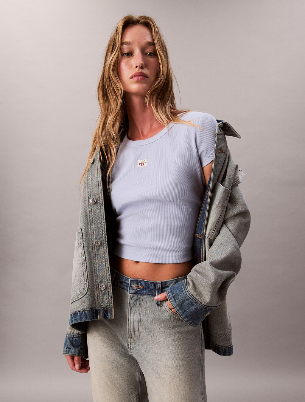 棉質彈性羅紋貼身 T 恤, Casual Blue, hi-res