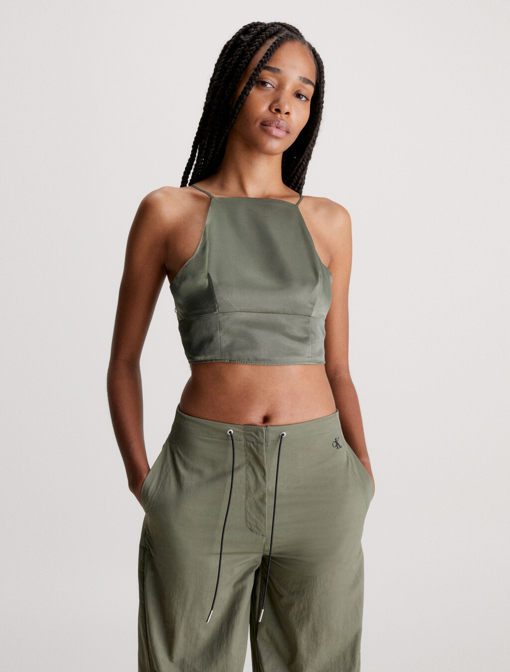 Strappy Satin Tank Top, Dusty Olive, hi-res