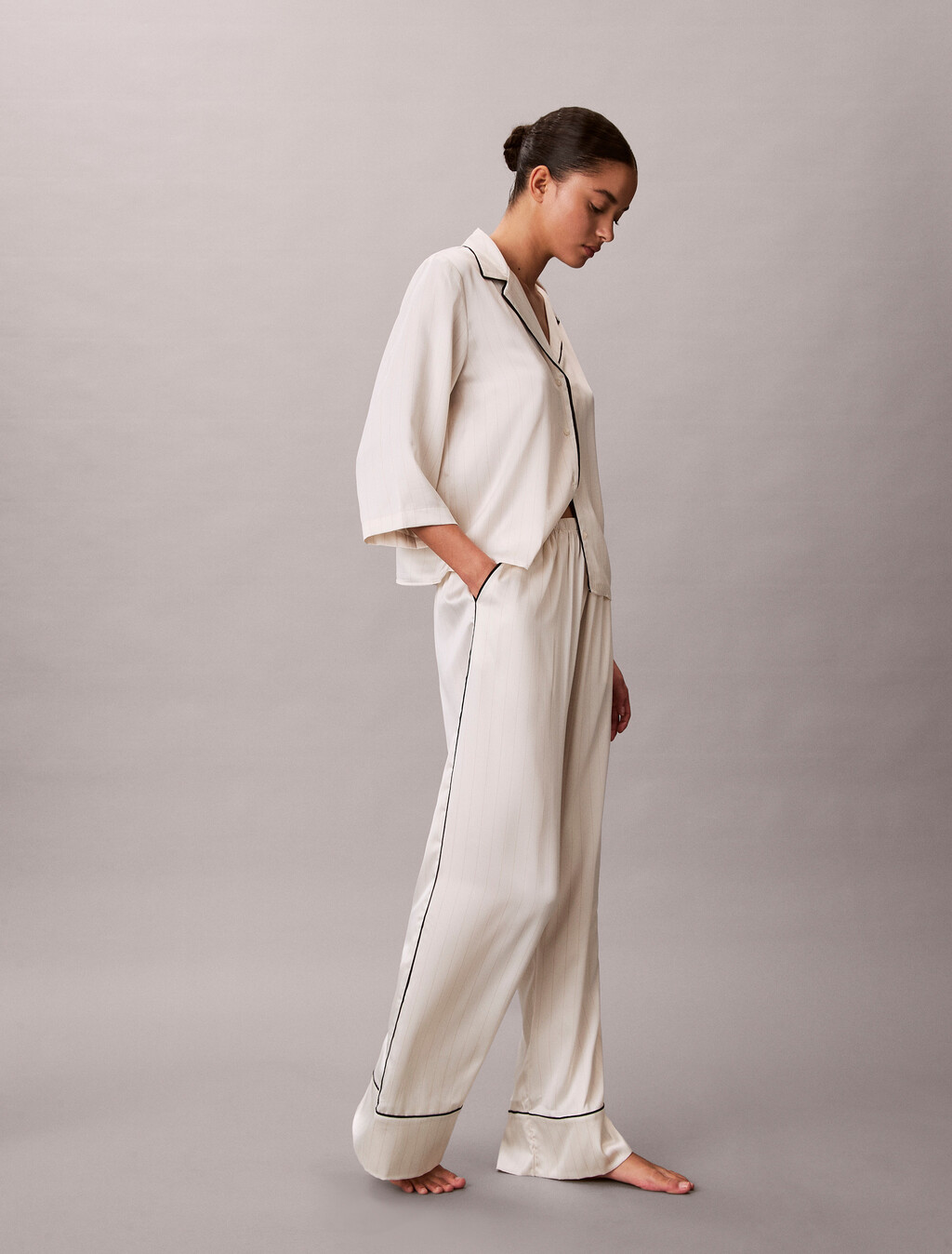 亮面緞面睡褲, DOTTED LOGO PINSTRIPE IVORY, hi-res