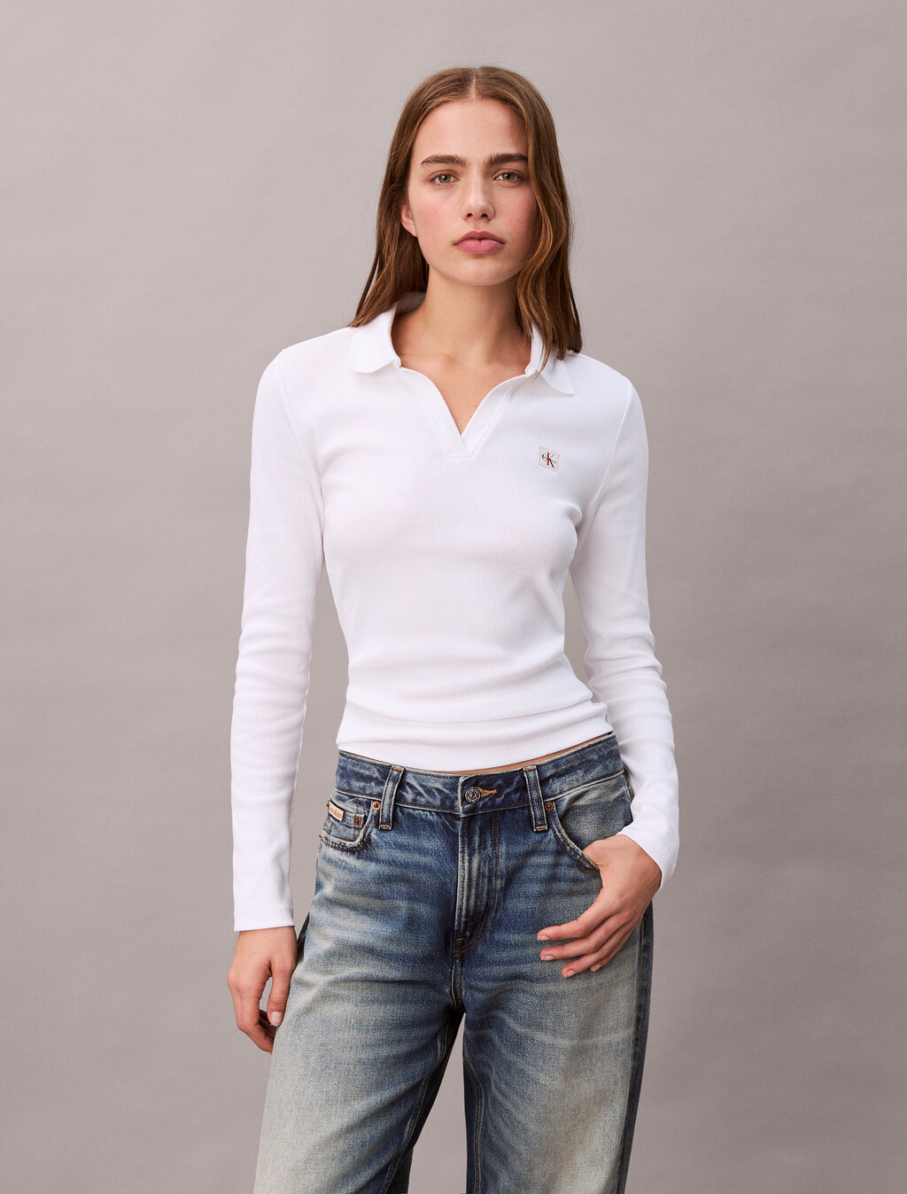 Woven Monologo Rib Collared Top, Brilliant White, hi-res