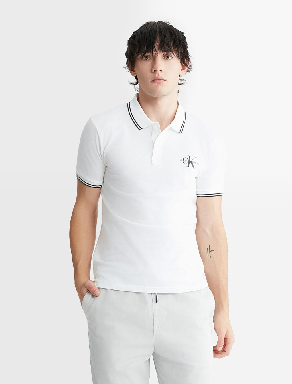 Monologo 標誌修身飾邊 Polo 衫, Bright White, hi-res
