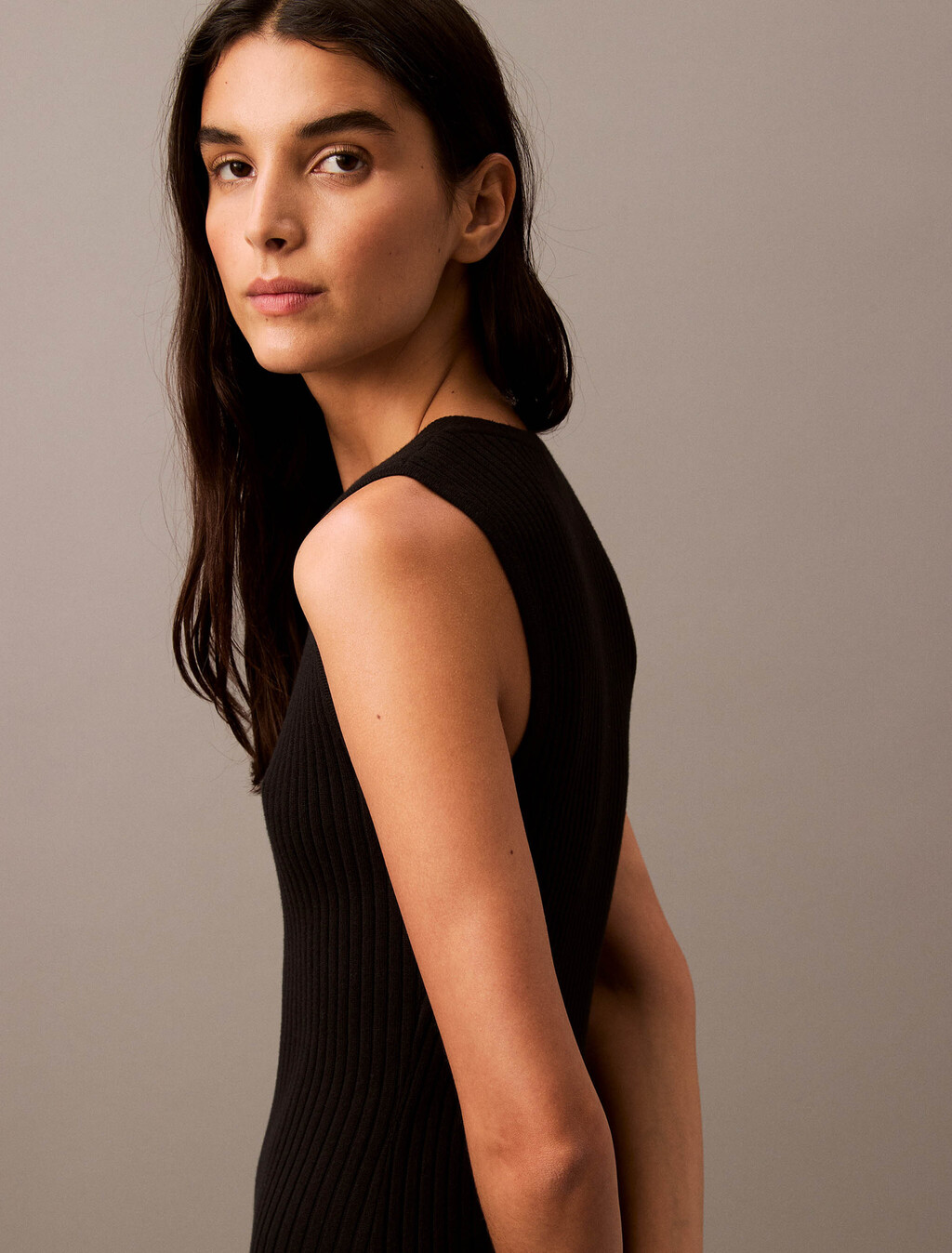 Rib Knit Sleeveless V Neck Polo Dress, Black, hi-res