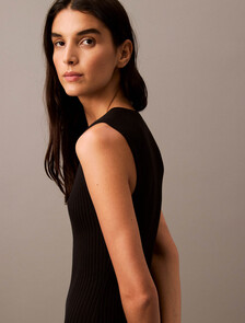 Rib Knit Sleeveless V Neck Polo Dress, Black, hi-res