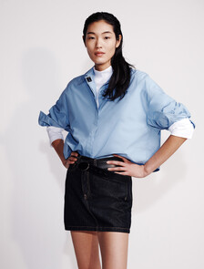 Denim Asymmetric Waist Mini Skirt, Rinse Denim, hi-res