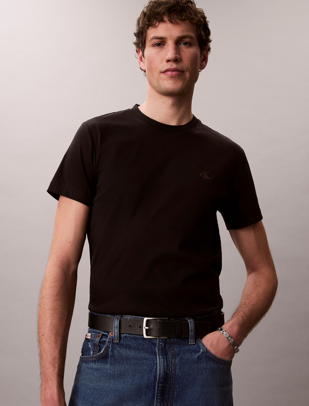 修身雙面針織 Supima 棉質 T 恤, Black, hi-res