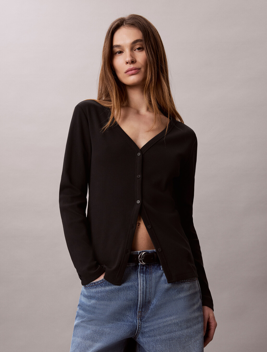 Slim Ribbed Cotton Cardigan, Black, hi-res