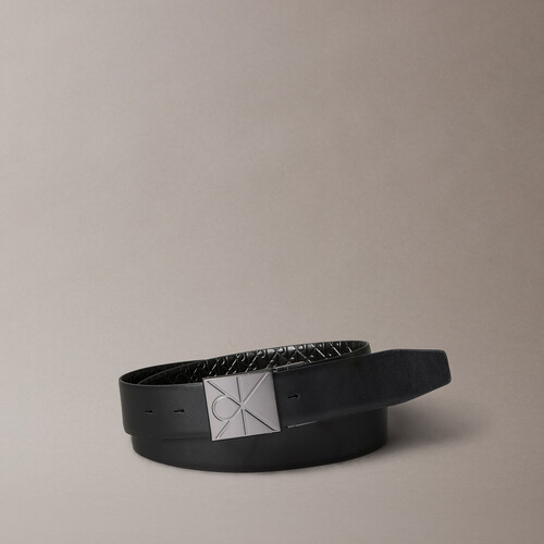 CK徽章飾牌雙麵皮帶 Black AOP / Black / Matte Gunmetal