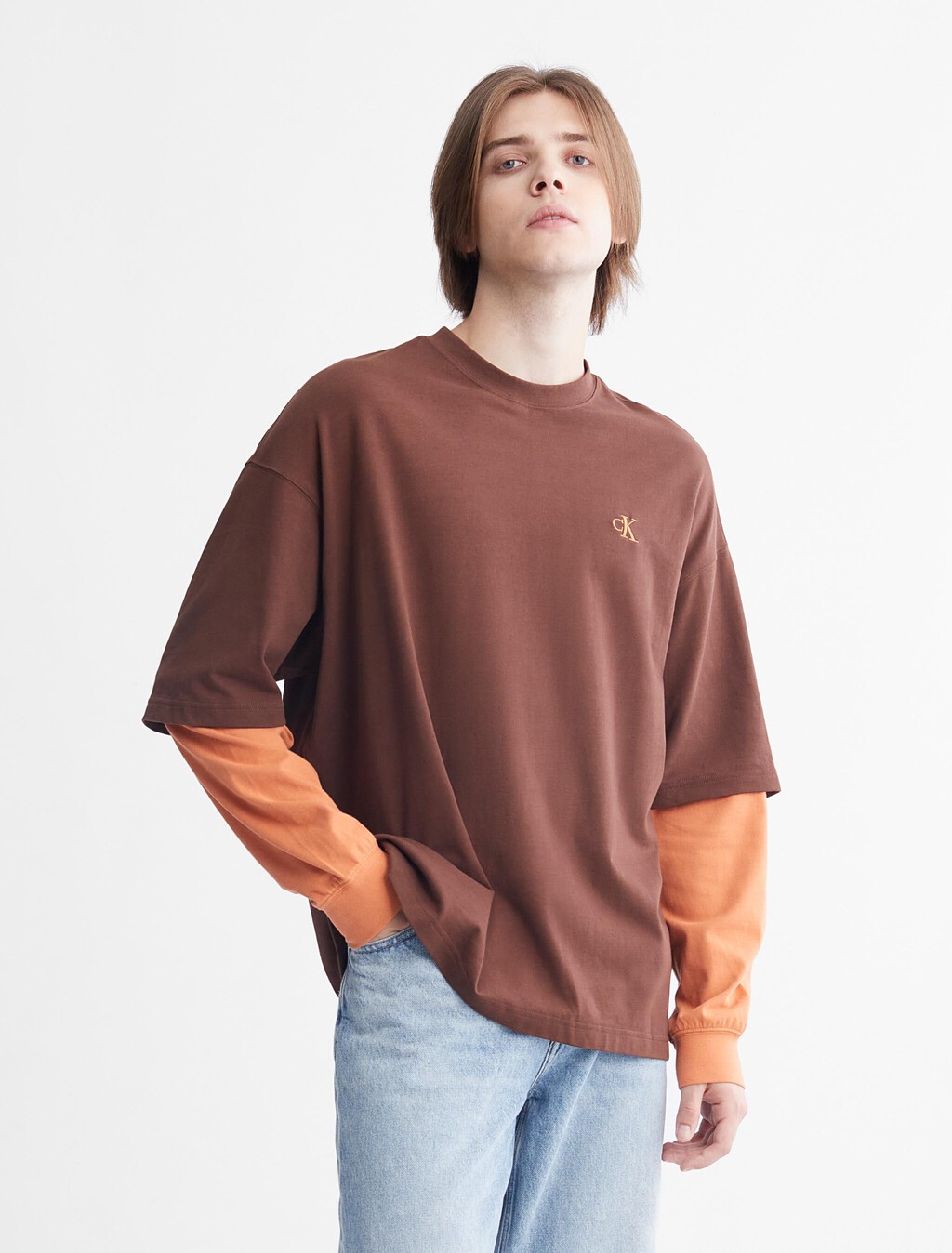Connected Layers Contrast Sleeve Tee, Dark Chestnut, hi-res