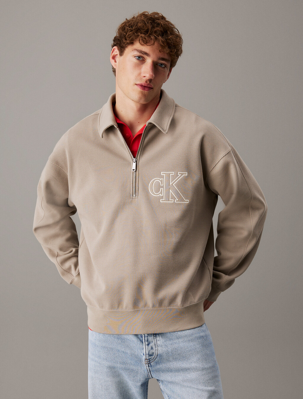 羅紋標誌貼飾拉鍊 Polo 衫, Vintage Khaki, hi-res
