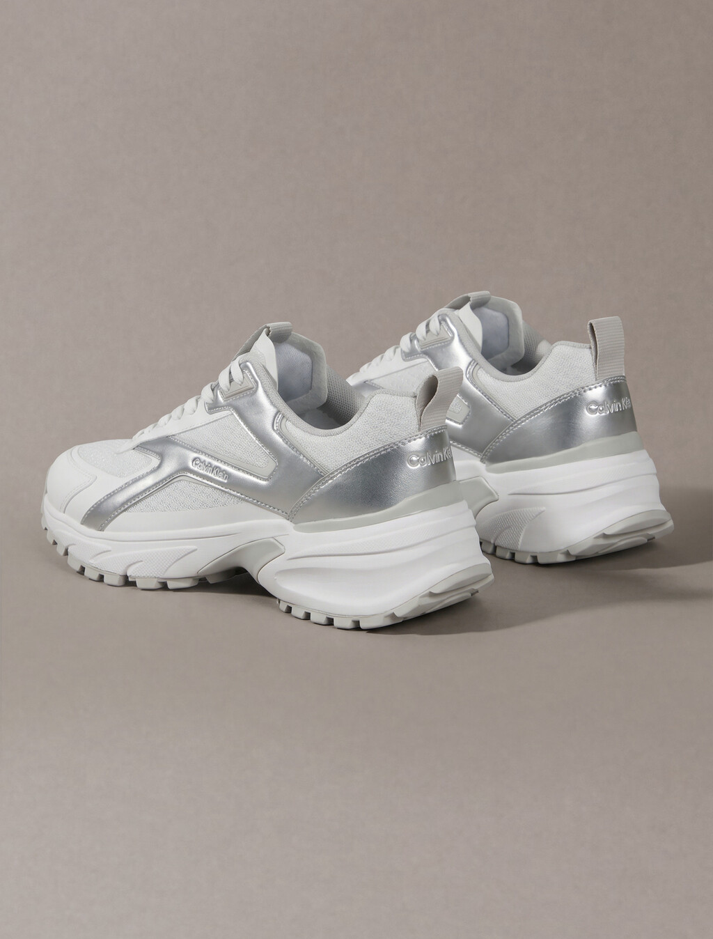 Knit and Metallic Runner Trainers, Bright White/Silver/Light Grey, hi-res