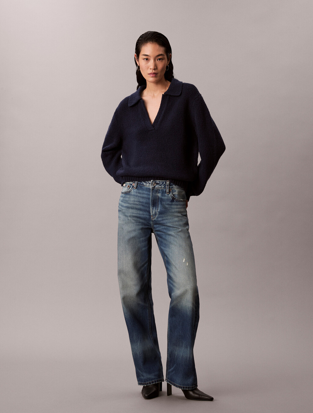 Merino Wool Boucle Polo Sweater, Dark Sapphire, hi-res